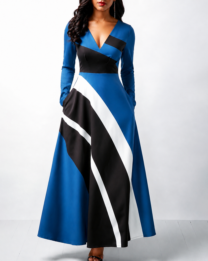 Color-blocked Striped Print Long Sleeve Maxi Dress