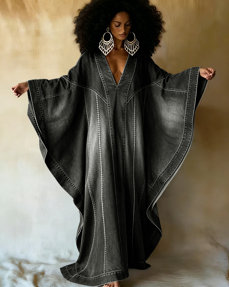 Washed Denim Texture Print V-neck Long Kaftan Dress