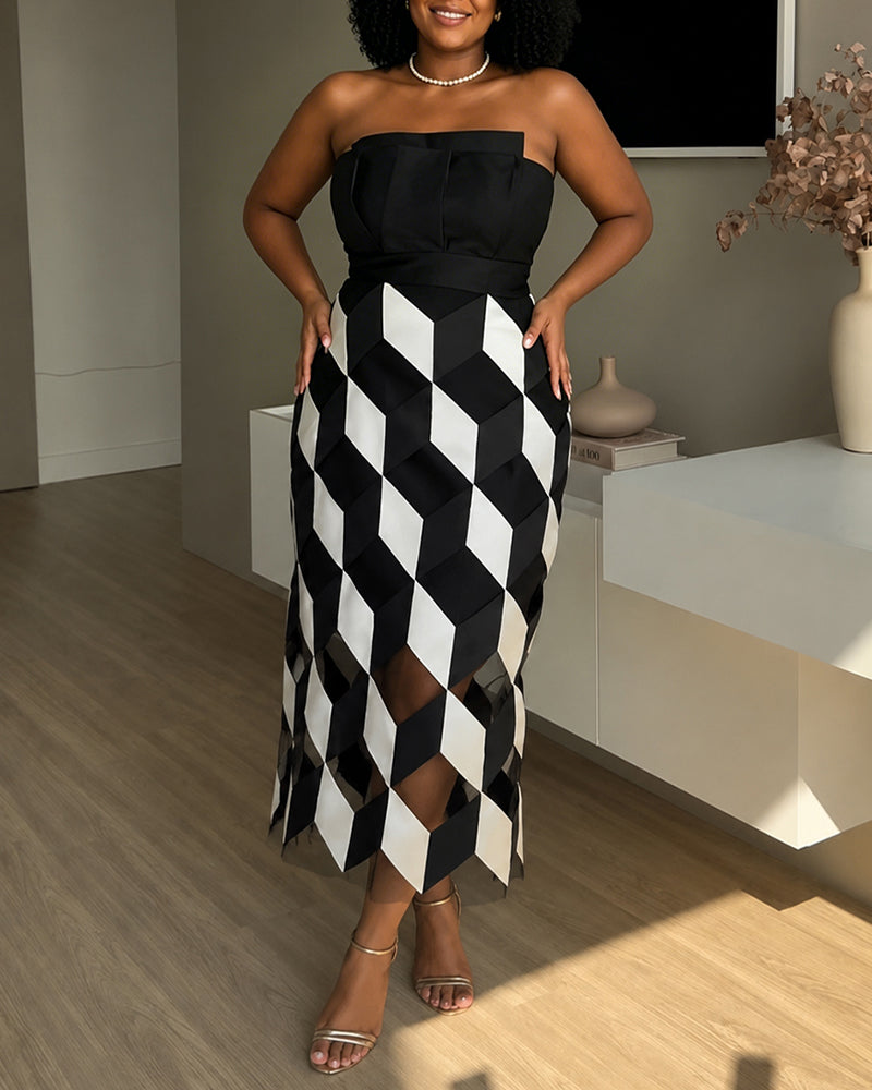 Sexy Tube Top and Backless Rhombus Contrast Midi Dress