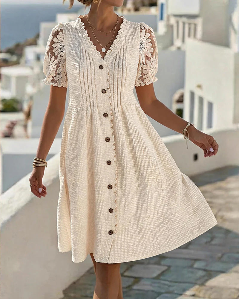 Puff Sleeve Sunflower Lace Patchwork Dress