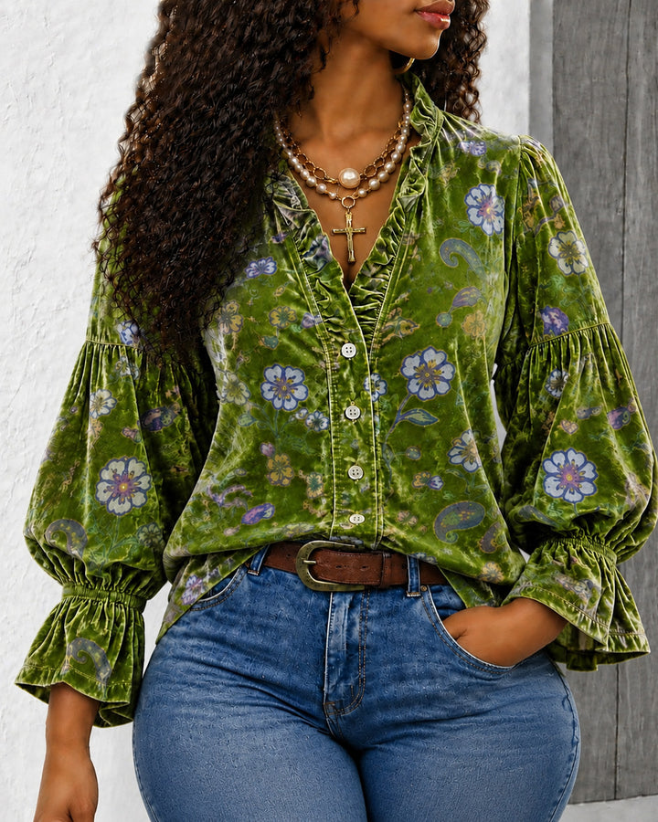 Vintage Floral Paisley Print Ruffle Neck Puff Sleeve Velvet Blouse