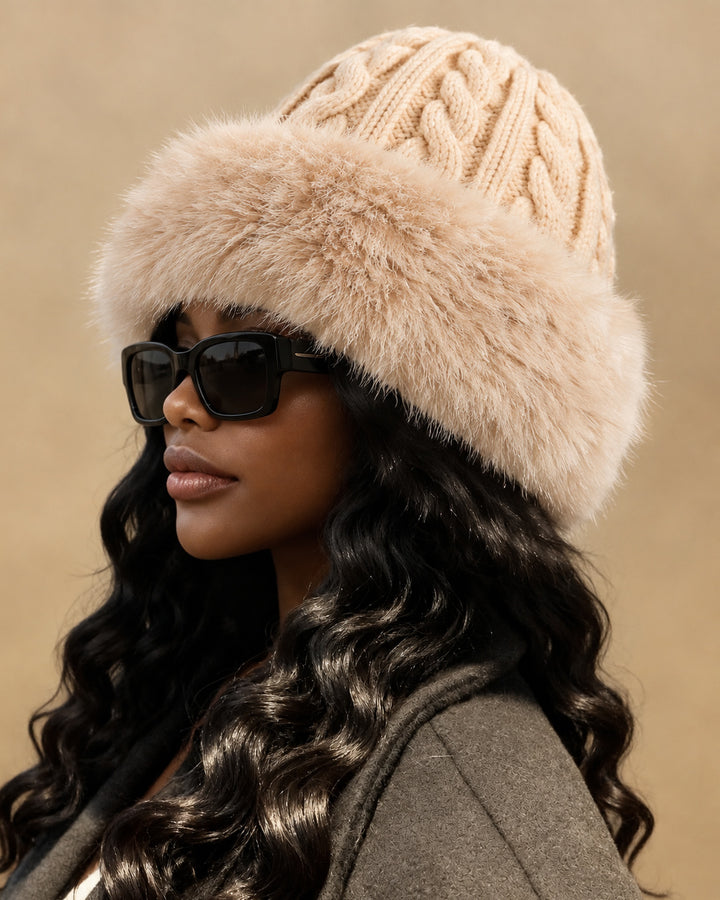 Women Cable Knit Beanie Hat with Wide Faux Fur Trim