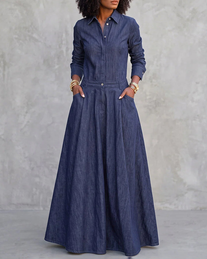Split-Joint Solid Color Pockets Buttoned Long Sleeves High Waisted Lapel Maxi Dresses