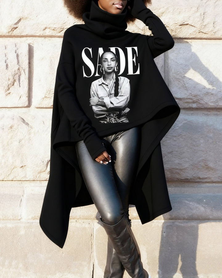 High Collar Pullover Sade Portrait Irregular Long Sleeve Warm Sweatshirt