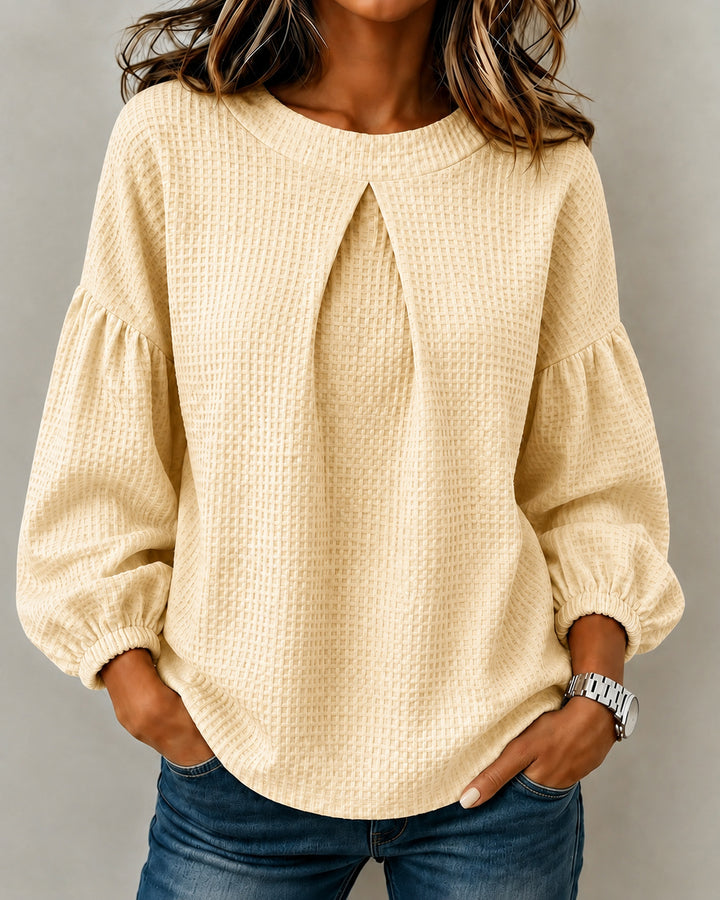 Lantern Sleeve Waffle Knit Round Neck Solid Color Long-sleeved Top