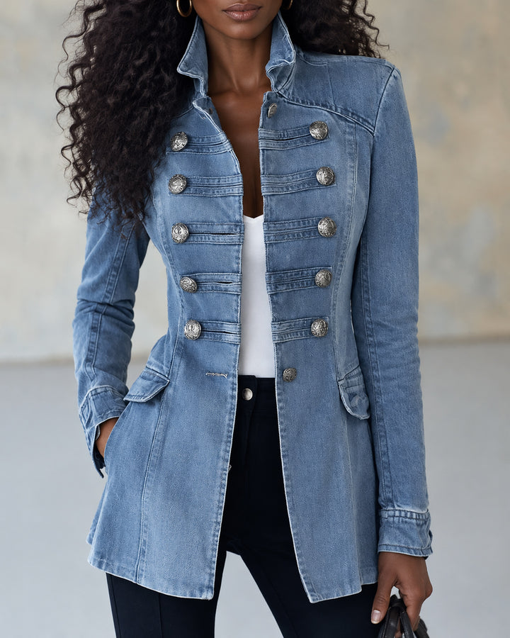 Women's Military Style Stand Collar Double Breasted Denim Jacket