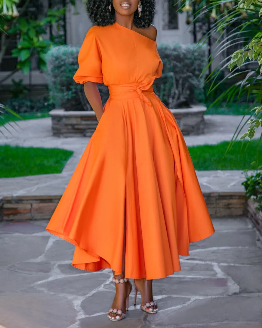 Asymmetrical Shoulder Tie-up Puff Sleeve Solid Color Maxi Dress