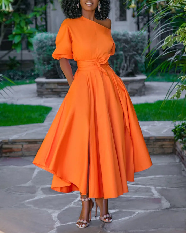 Asymmetrical Shoulder Tie-up Puff Sleeve Solid Color Maxi Dress