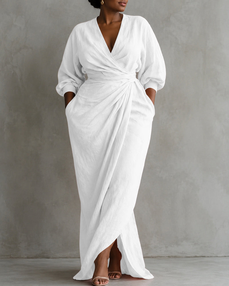 Linen Blend Loose V-neck Pleated Waist Casual Pocket Maxi Dress