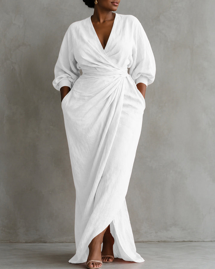 Linen Blend Loose V-neck Pleated Waist Casual Pocket Maxi Dress