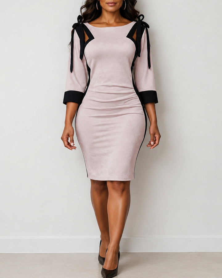 Faux Suede Color-blocked Bodycon Midi Dress with Cutout Shoulder Bow.