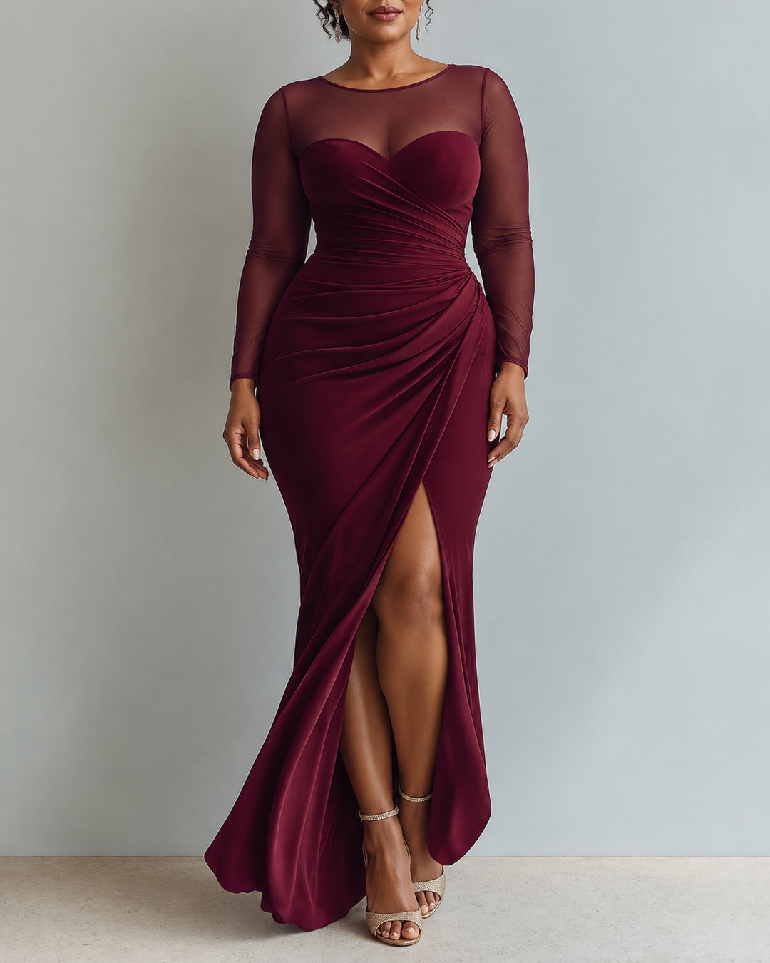 Women's Long Sleeve Mesh Sweetheart Mermaid Formal Dress