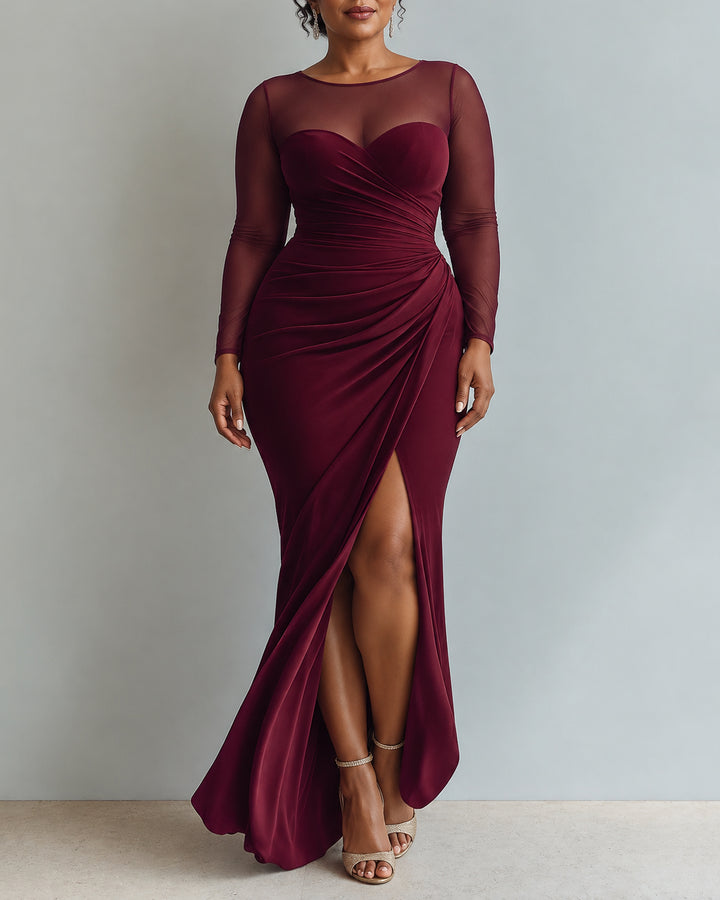 Women's Long Sleeve Mesh Sweetheart Mermaid Formal Dress