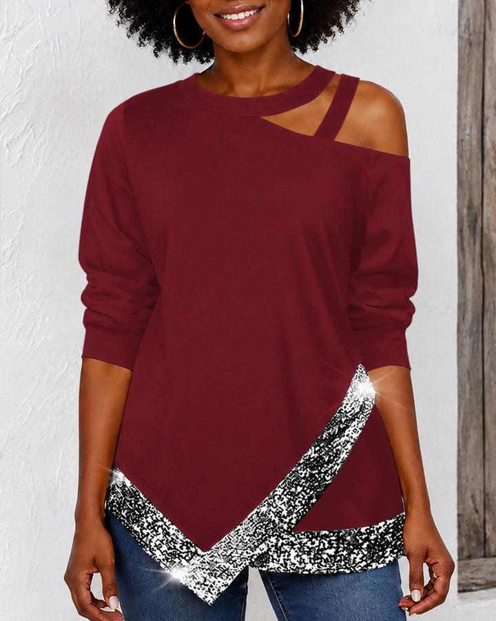 Off-shoulder Irregular Sequined Long-sleeved Casual Top