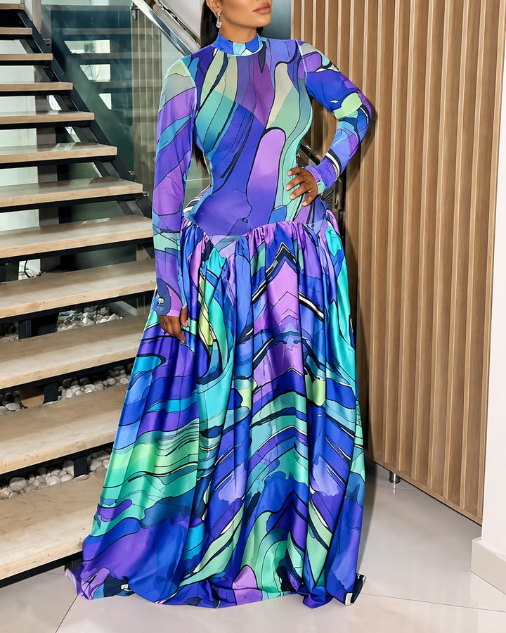 Women Marble Print Mock Neck Long Sleeve Maxi Dress