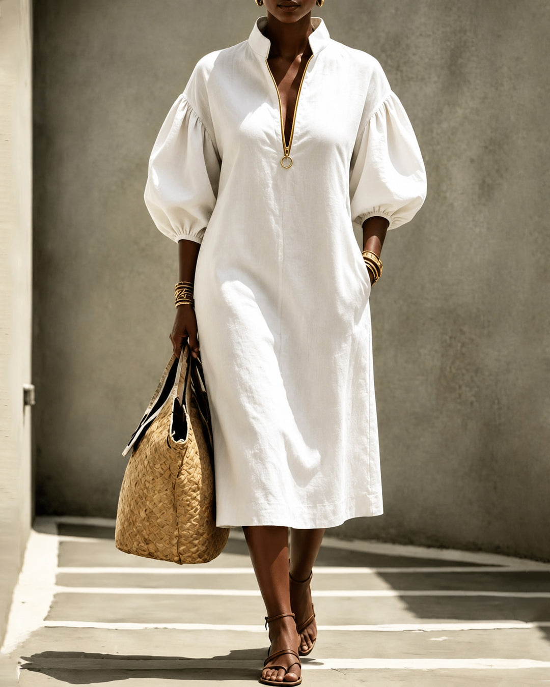 Stand-up Collar Puff Sleeve Zipper Casual Dress