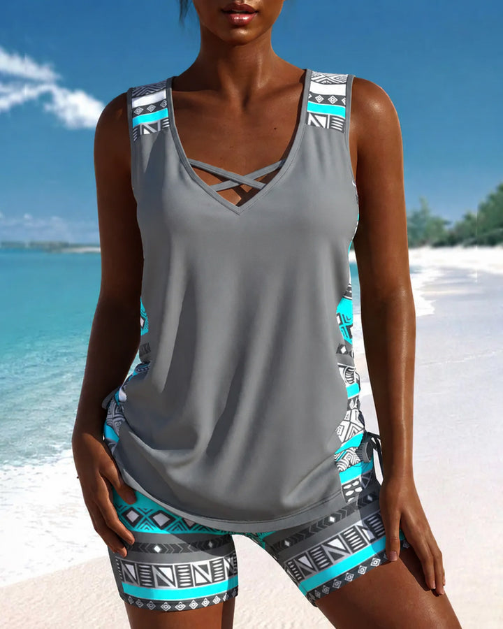 Cross-neck Tank Top and Swim Trunks Two-piece Set