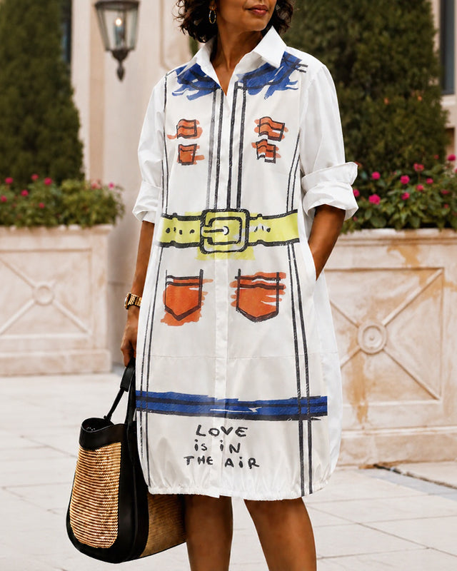 Fun Oil Painting Prints Long Sleeves Loose Buttoned Pockets Lapel Midi Dresses