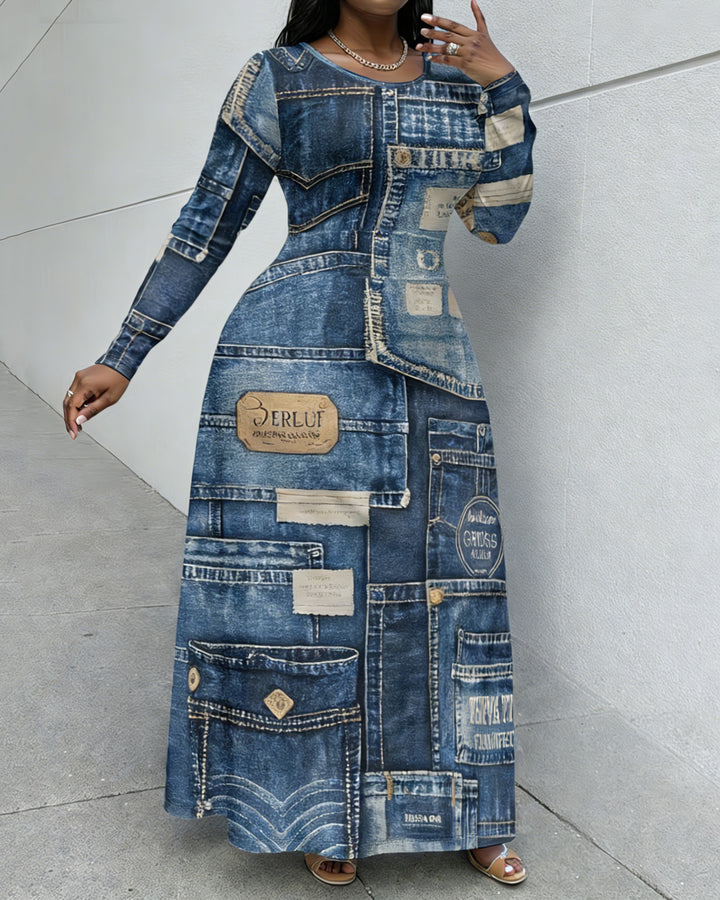 3D Denim Patchwork Print Crewneck Long Sleeve Pocket Dress