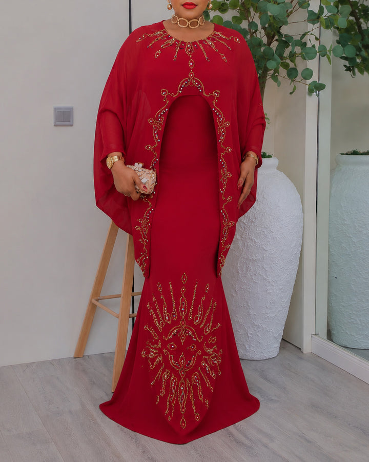 Gold Rhinestone Embroidered Cape Cloak Mermaid Evening Gown Maxi Dress