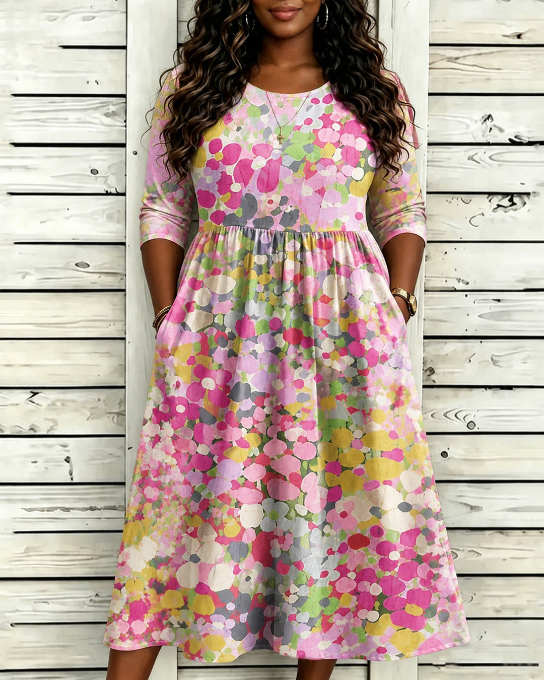 Colorful Polka Dot Flowers Print Pocket Casual Dress