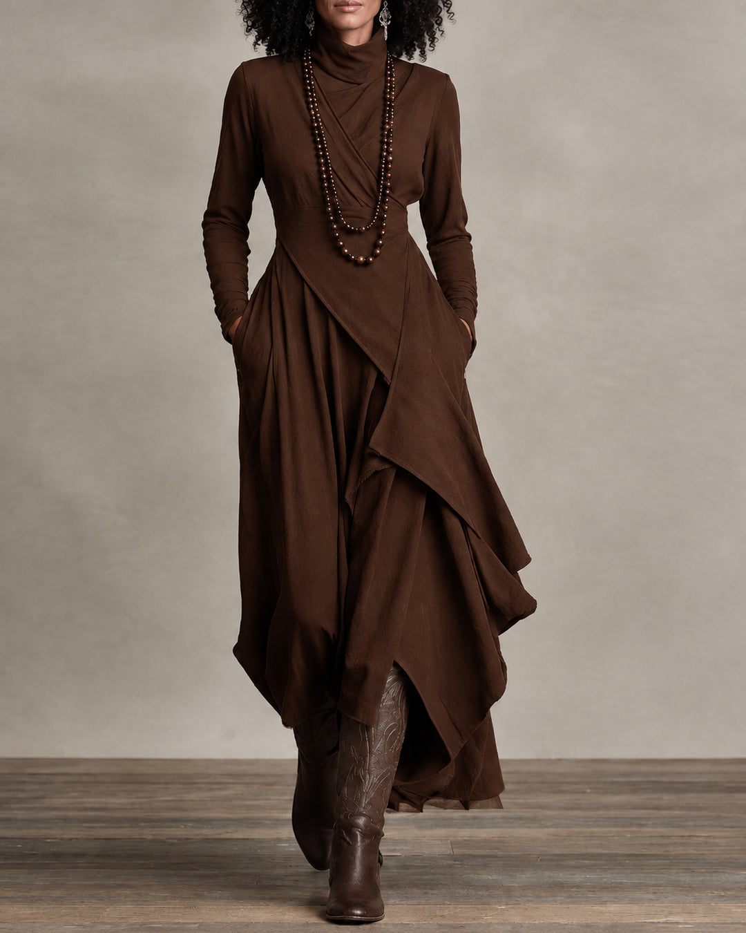 Women Turtleneck Long Sleeve Midi Dress