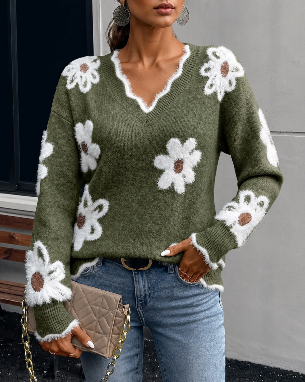 Elegant Floral Jacquard Knit V-neck Sweater