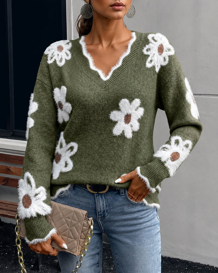 Elegant Floral Jacquard Knit V-neck Sweater