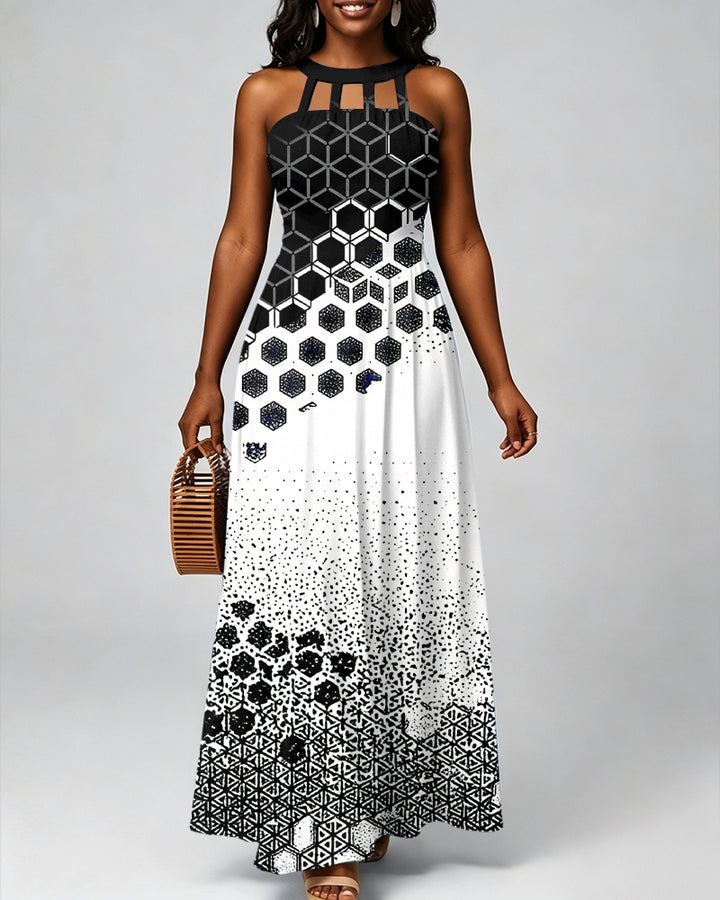 Black and White Geometric Patterns Hollow-out Halter Neckline Bodycon Maxi Dress