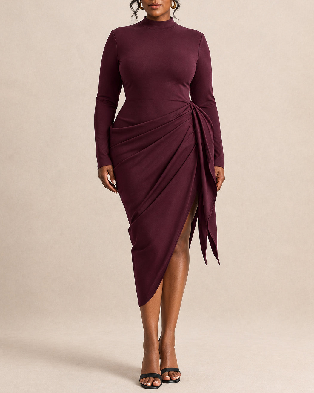 Women Mock Neck Long Sleeve Midi Dress Side Ruched Tie Split Hem Bodycon Party Dress