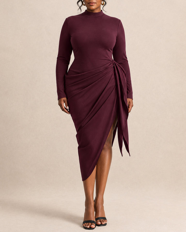 Women Mock Neck Long Sleeve Midi Dress Side Ruched Tie Split Hem Bodycon Party Dress