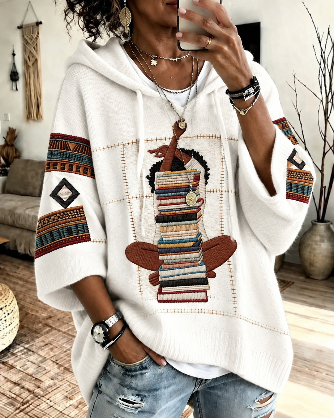 Women's Black Girl Reading Loose-Fit Knit Long Sleeve Sweater