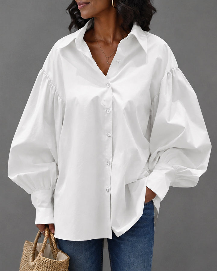 Lantern Sleeve Button-down Loose-fitting Stylish Shirt Blouse