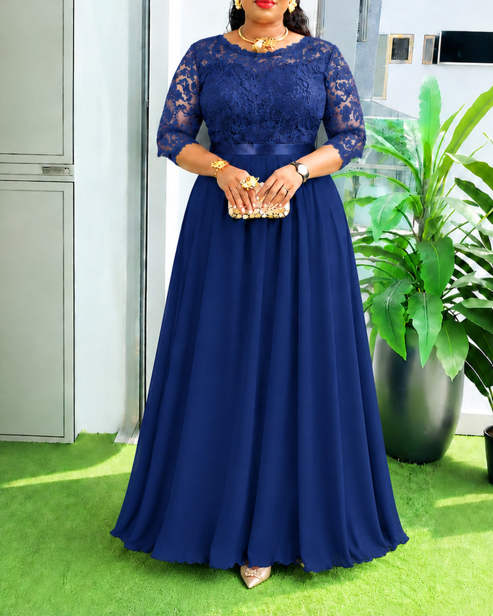 Women Lace Chiffon 3/4 Sleeve Maxi Evening Dress