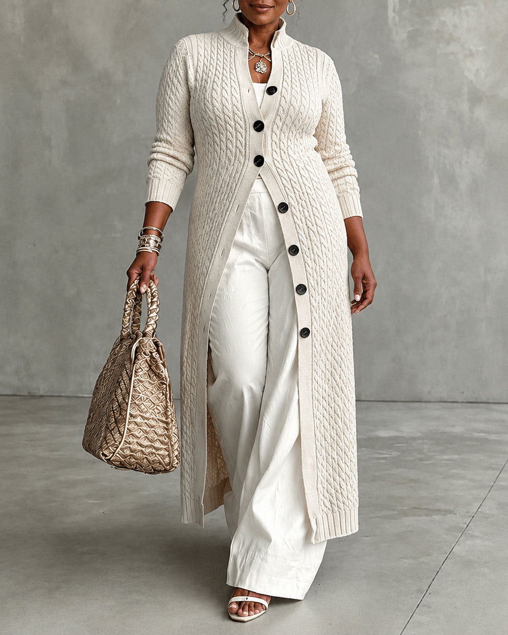 Women's Cable Stand Collar Long Sleeve Button Front Knit Maxi Cardigan