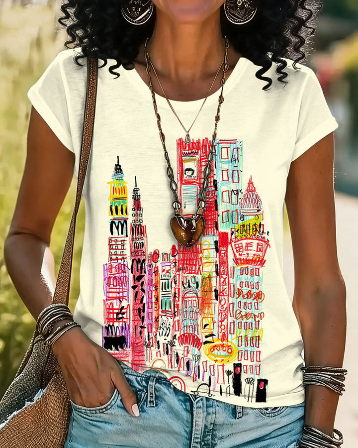 100% Cotton Women's Crewneck Fun Graffiti City Short Sleeve Tshirt