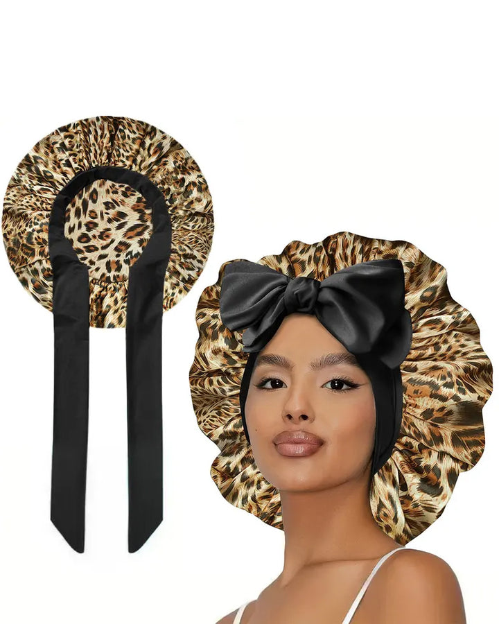 Women's Double Layer Satin Sleeping Bonnet, Adjustable Elastic Spandex Band with Tie Closure