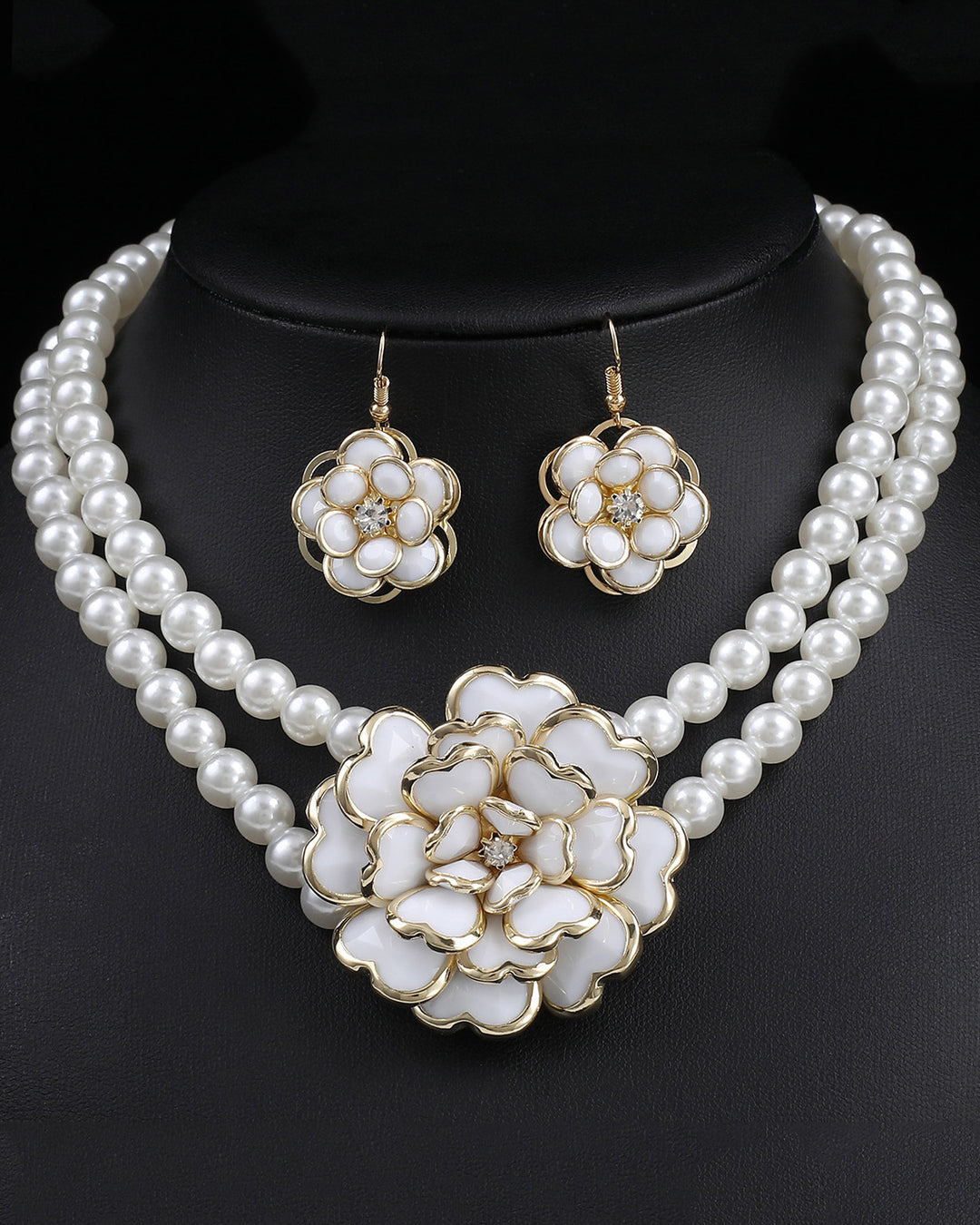Pearl Camellia Earrings and Necklace Two-Piece Set