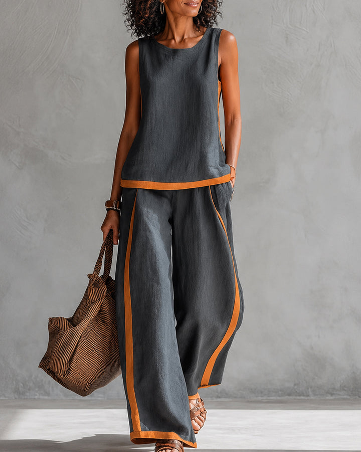 Simple Striped Crew Neck Sleeveless Top & Wide Leg Pants Two Piece Set