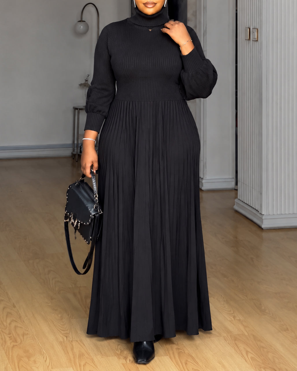 Women Turtleneck Balloon Long Sleeve Knit Maxi Dress
