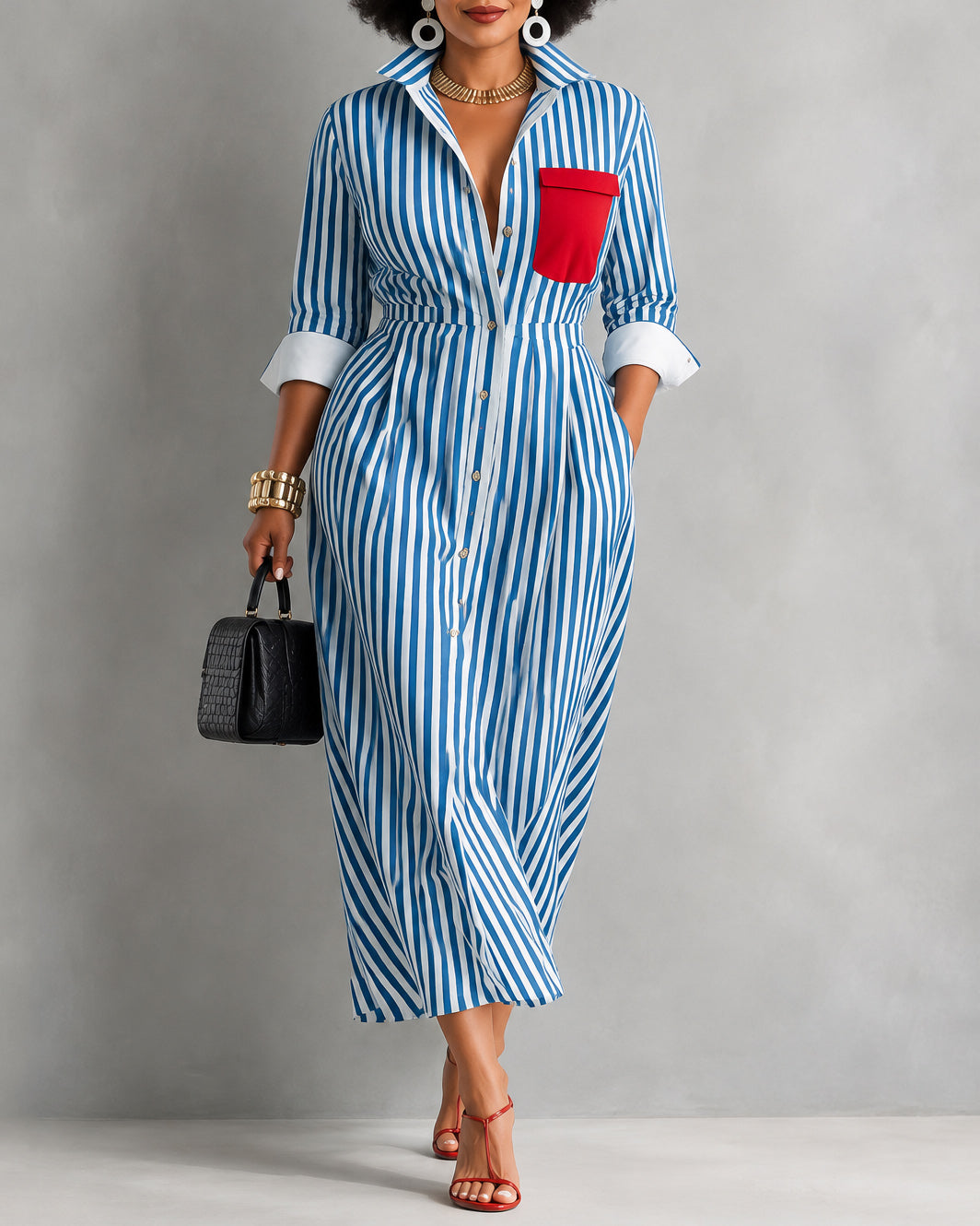 Women's Blue And White Cotton Striped Shirt Dress