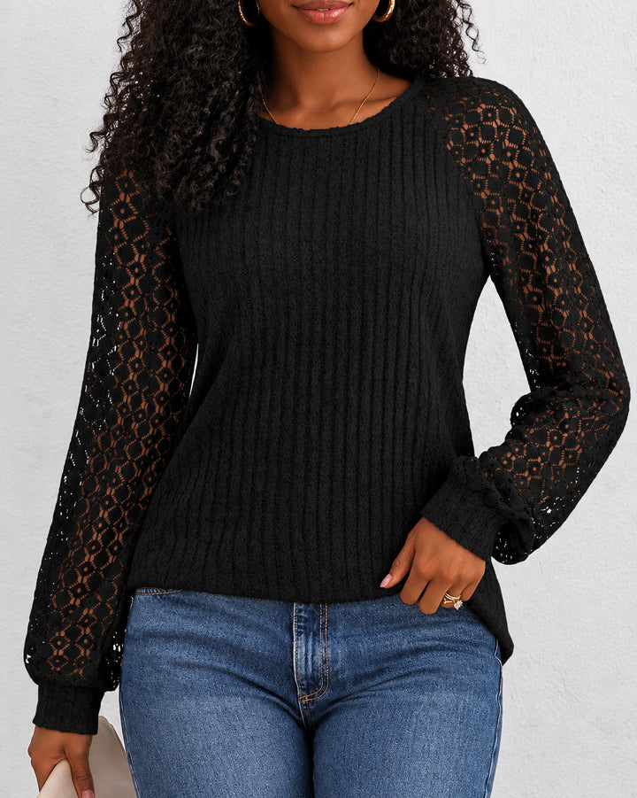 Women's Ribbed Knit Round Neck Raglan Lace Long Sleeve Top