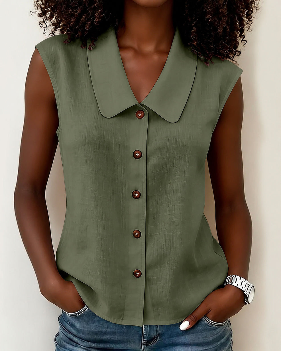 Simple Doll Collar Button Down Sleeveless Cotton Linen Shirt