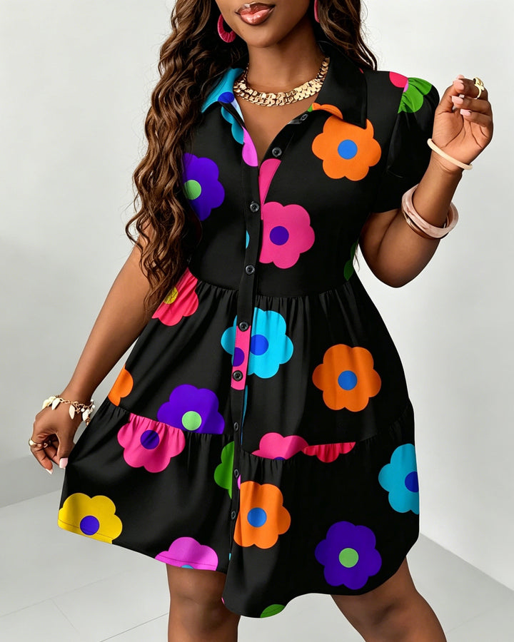 Summer Colorful Flowers Print Ruffle Lantern Sleeve Loose Dress