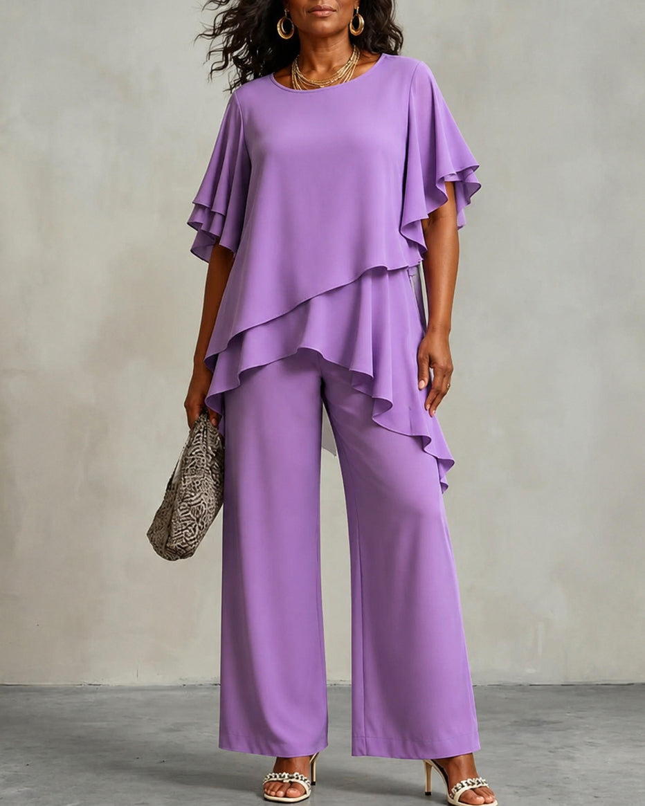 Chiffon Irregular Lace Top and Straight-leg Pants Two-piece Set