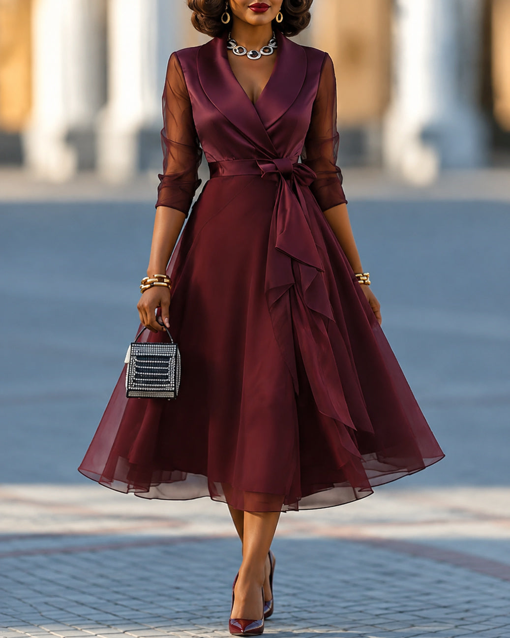 Burgundy Satin Lapel Wrap Midi Dress Sheer 3/4 Sleeve Cocktail Dress