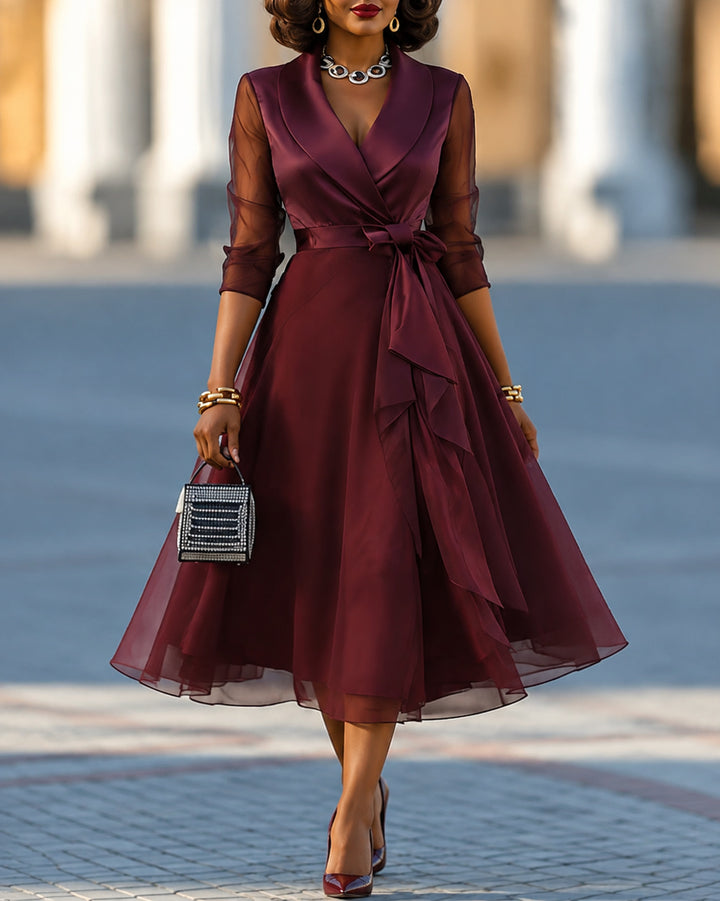 Burgundy Satin Lapel Wrap Midi Dress Sheer 3/4 Sleeve Cocktail Dress