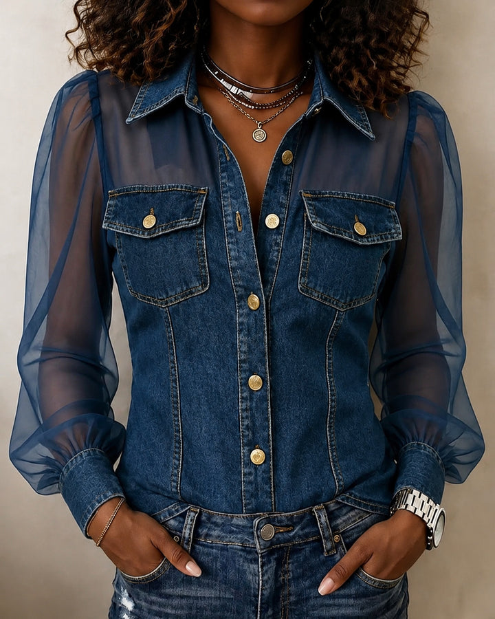 Collared Button-down Long-sleeved Shirt with Mesh Trim