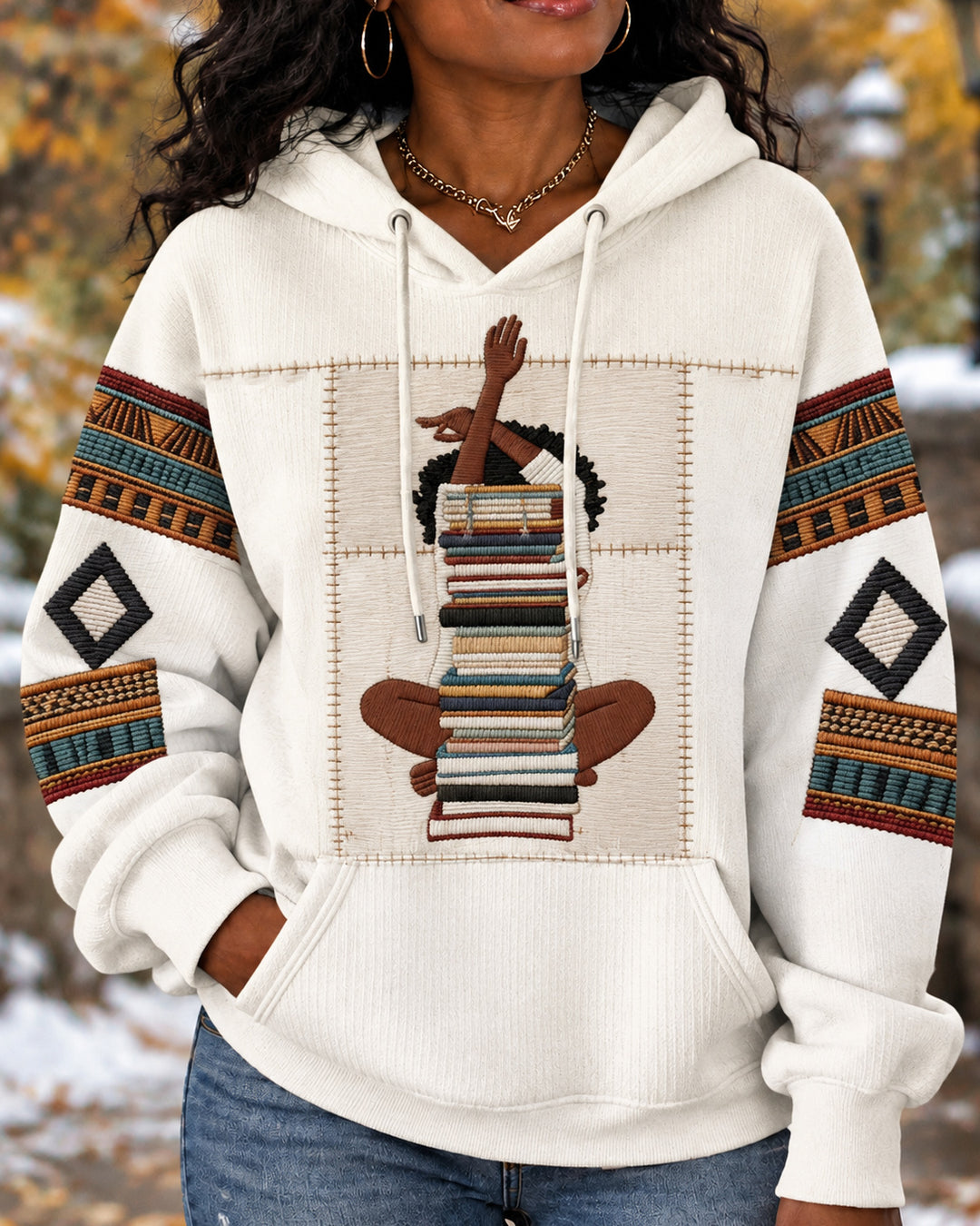 Women's Black Girl Reading Knit Long Sleeve Hooded Sweater