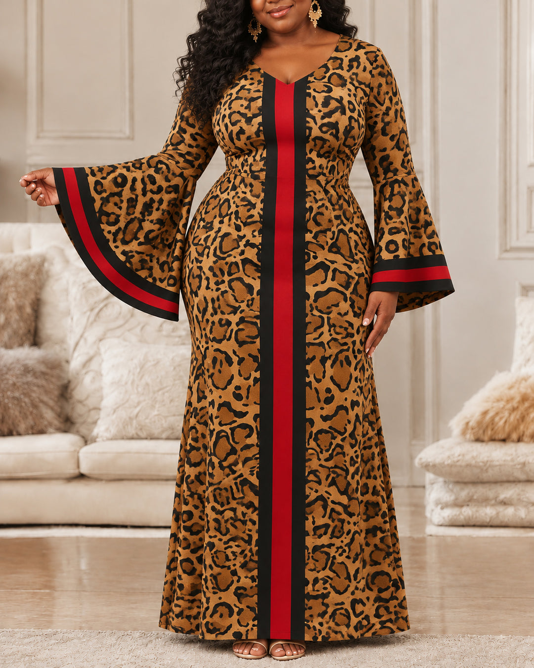 Women'S Leopard Print and Stripe Color-blocking Bell-Sleeve Maxi Dress